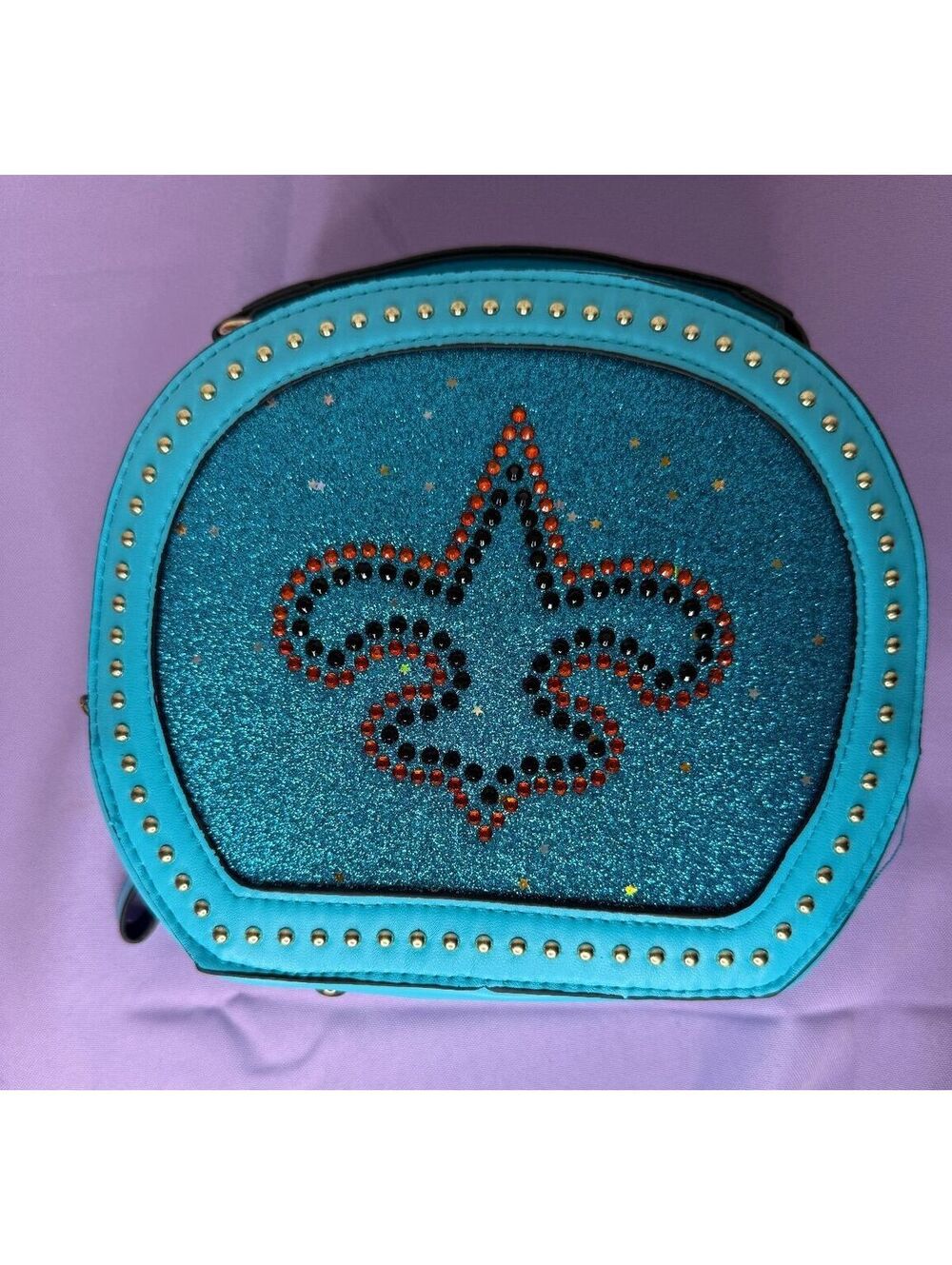 Turquoise Glitter Fleur de Lis Rhinestone Crossbody Handbag Gold Studs